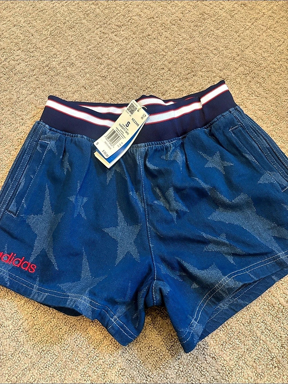 adidas Denim Graphic Varsity Shorts Boys Small Blue & Navy